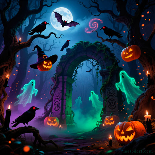 Halloween themed picture with ghosts and holiday symbols for Find the Differences trainer