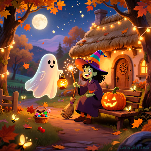Halloween themed picture with a little sorceress and a friendly ghost for Find the Differences trainer