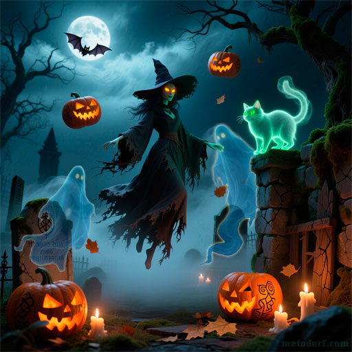 Halloween themed picture with a witch, ghosts and a ghostly cat for Find the Differences trainer