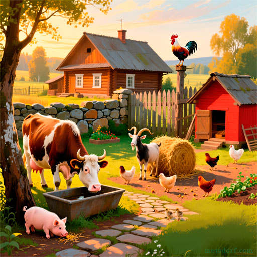 Picture with a homestead, animals and birds for Find the Differences trainer